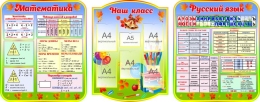 Купить Стендовая композиция из трех стендов Математика Наш класс Русский язык в радужных тонах для начальной школы 2800*1100 в России от 16791.00 ₽