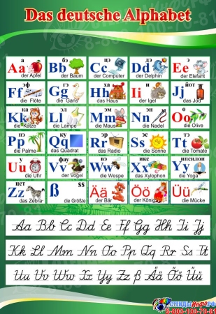 Стенд Das deutsche Alphabet  Алфавит с прописными буквами в кабинет немецкого языка в зелёных тонах 530*770 мм