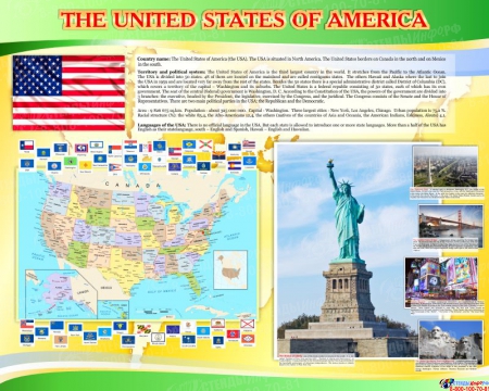 Стенд Достопримечательности США в жёлто-зеленых тонах 1250*1000 мм