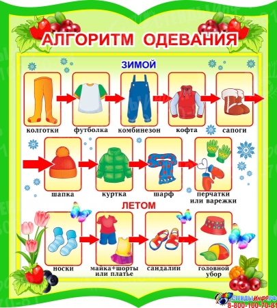 Стенд фигурный Алгоритм одевания в зеленых тонах 270*300мм