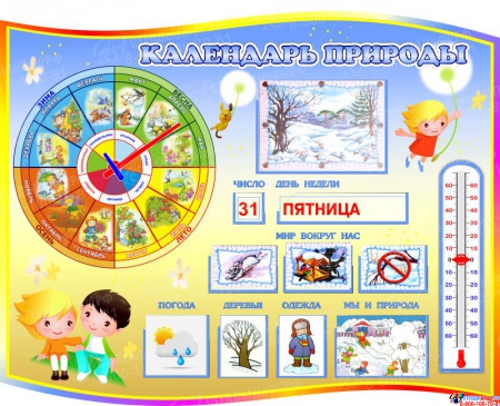 Стенд фигурный Календарь Природы, развивающий для начальной школы или детского сада бежевый 800*650мм
