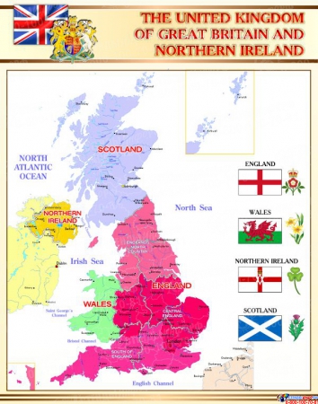 Стенд Карта Великобритании для кабинета английского языка в бежево-золотистых тонах 670*850 мм