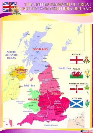Стенд Карта Великобритании для кабинета английского языка в золотисто-сиреневых тонах 700*1000мм