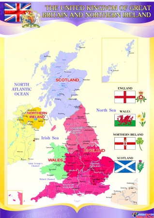 Стенд Карта Великобритании  в фиолетовых тонах на английском языке 750*530 мм