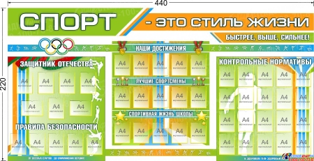 Стенд-композиция Спорт - это стиль жизни для школы большой в голубых, зелёных и оранжевых тонах 4400*2200 мм
