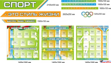 Стенд-композиция Спорт - это стиль жизни для школы большой в голубых, зелёных и оранжевых тонах 4400*2200 мм Изображение #1