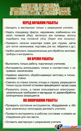 Стенд Общие Правила Безопасного Поведения в Школьных Мастерских 500*800мм