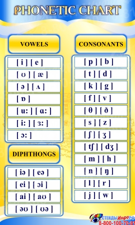 Стенд Phonetic chart в жёлто-голубых тонах для кабинета английского языка 600*1000 мм