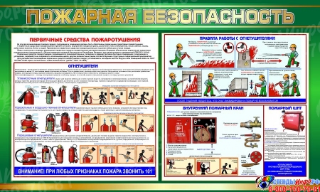 Стенд Пожарная безопасность в золотисто-зелёных тонах 1000*600 мм