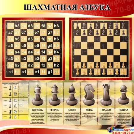 Стенд Шахматная азбука в секцию по шахматам в золотисто-красных тонах 800*800 мм