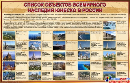 Стенд Список объектов Всемирного наследия ЮНЕСКО в России в золотисто-бордовых тонах 1330*850 мм