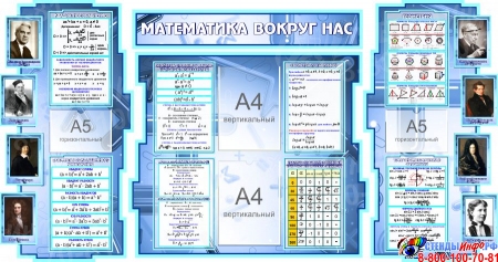 Стенд в кабинет Математики Математика вокруг нас с формулами в синих тонах 1825*955 мм