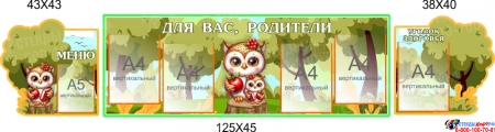 Стендовая композиция Для Вас, родители в для детского сада с совушками 2150*450мм Стендовая композиция Для Вас, родители в для детского сада с совушками 2150*450мм